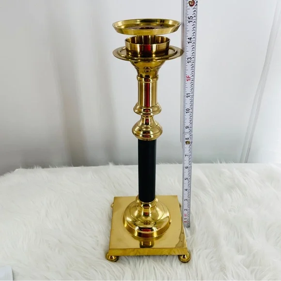 Elegant Large Lacquered Brass & Black Metal Candle Holder